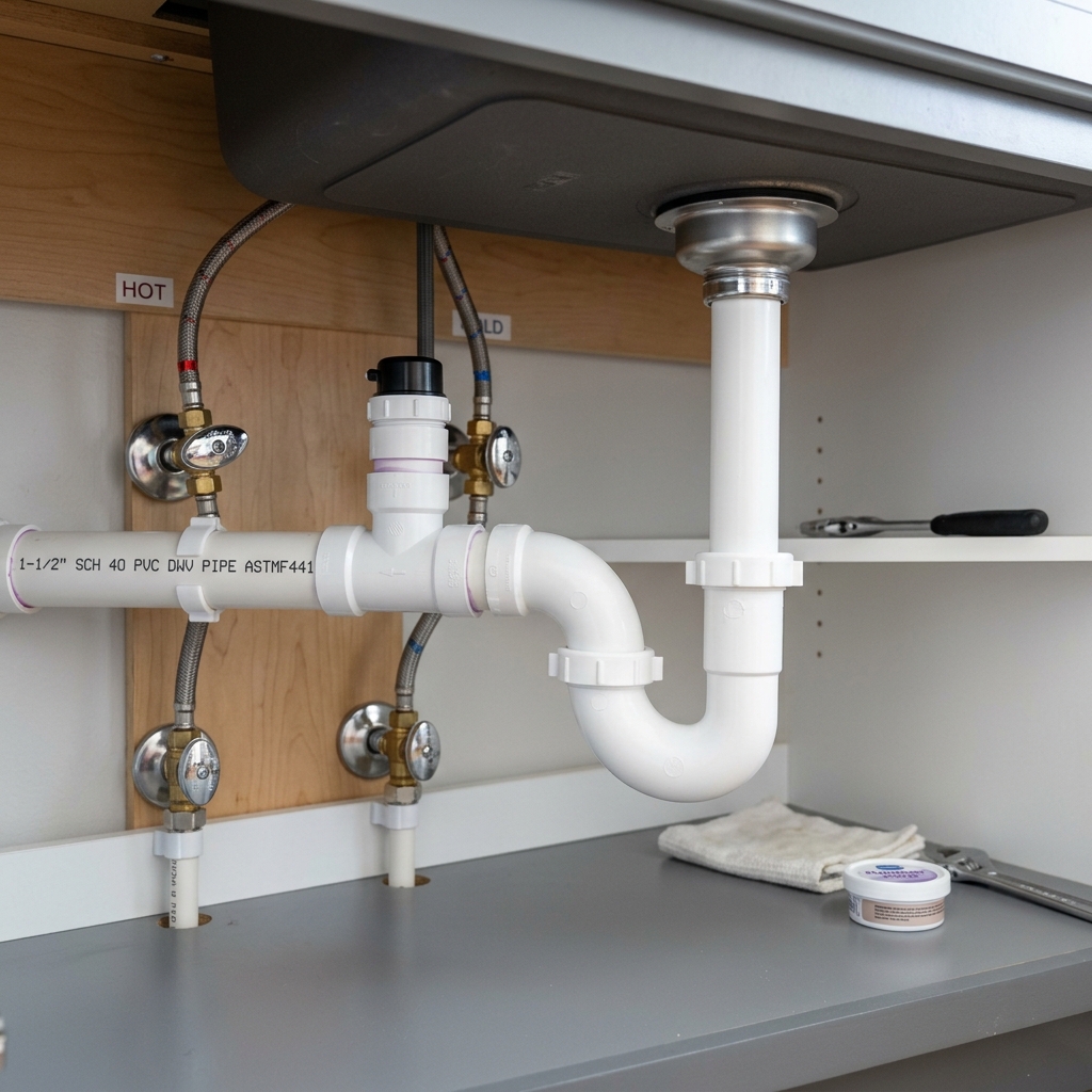 New clean PVC pipe installation under sink - escondido plumbing