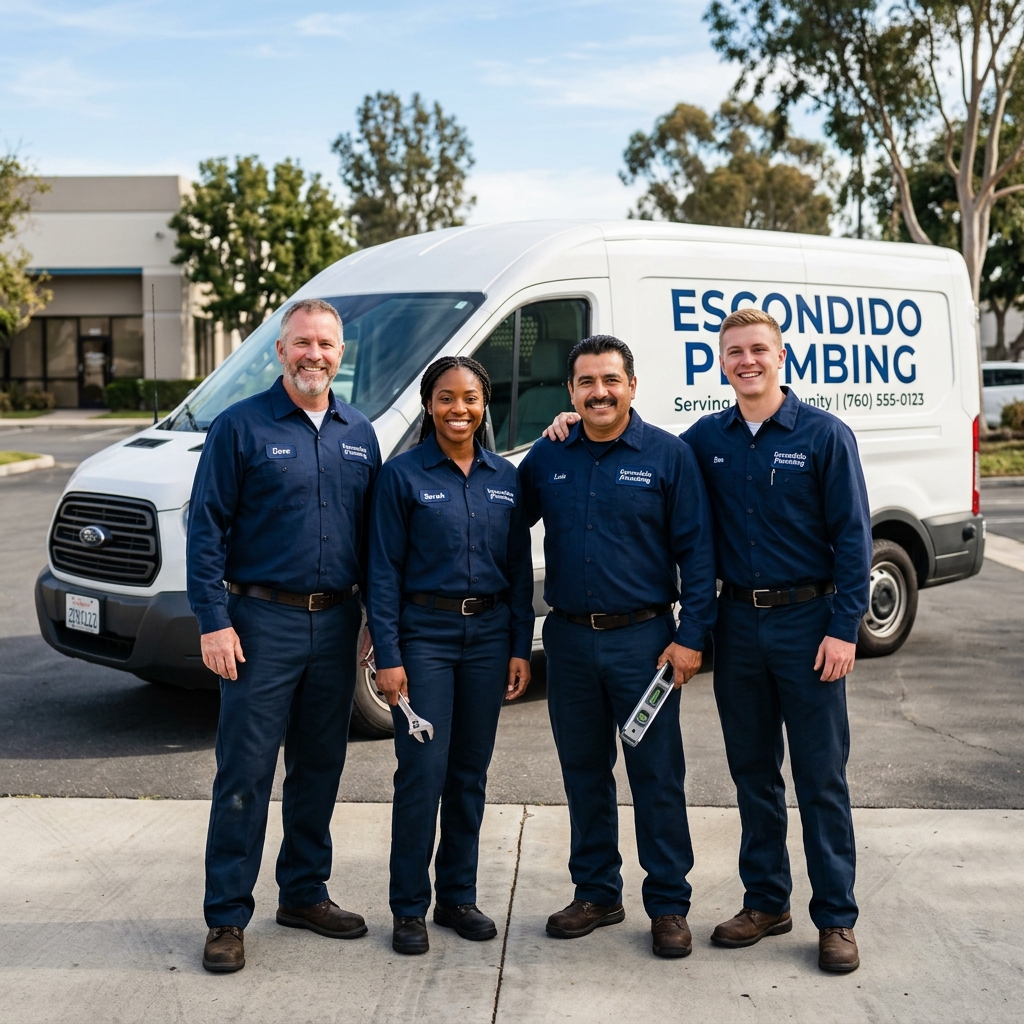 Plumbing Escondido professional team in uniform standing by their service van